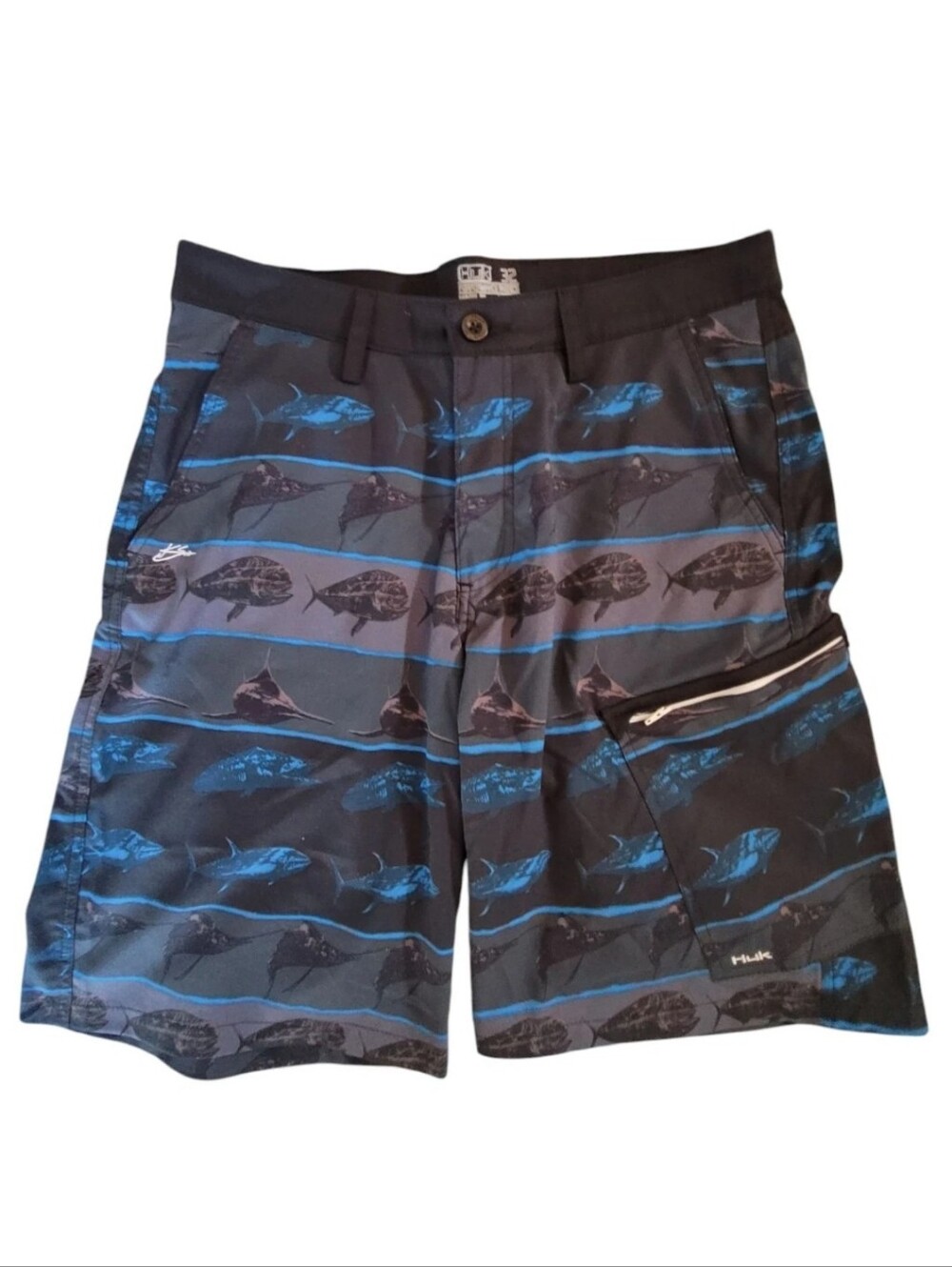 HUK Size 32 Board Shorts Fishing KC Scott Blue Lightweight Pockets Fish Black